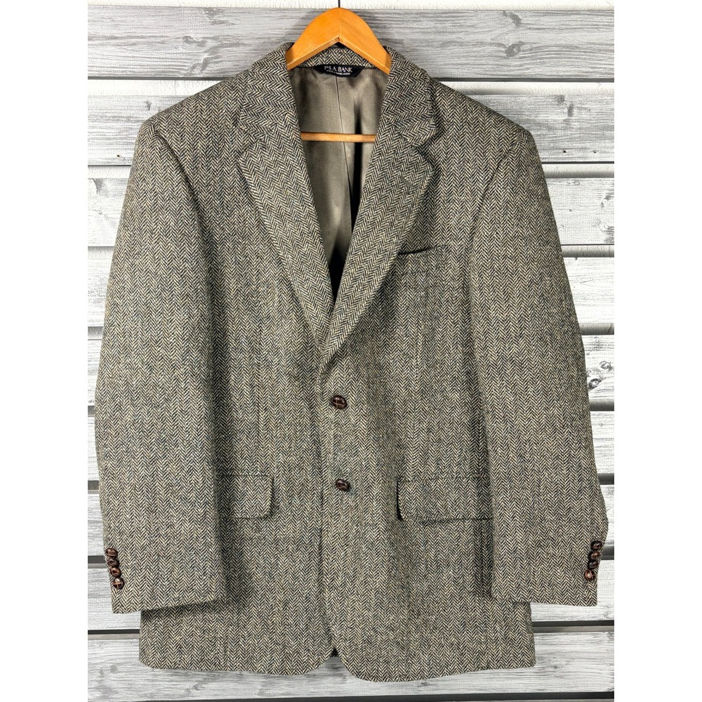 Jos A Bank Harris Tweed Blazer Mens 40R Wool Herringbone Sport Coat Green NWOT